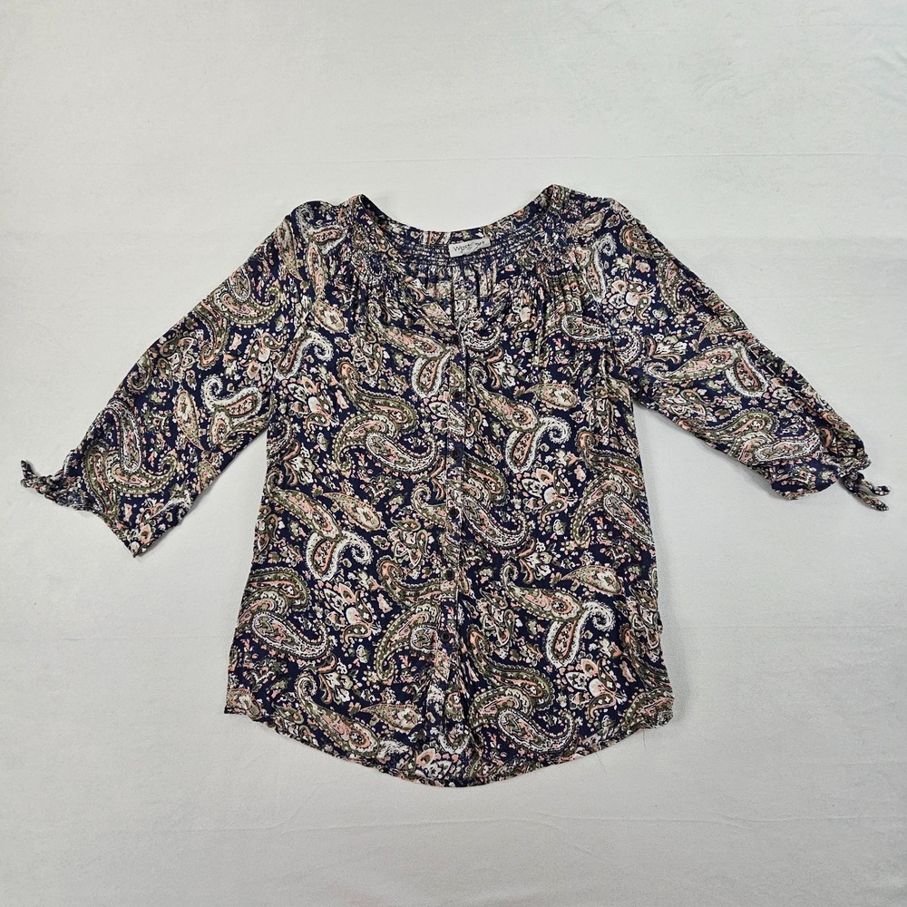 Westport Womens M Paisley Blouse Button Front 3/4 Tie Sleeve Boho Peasant Top